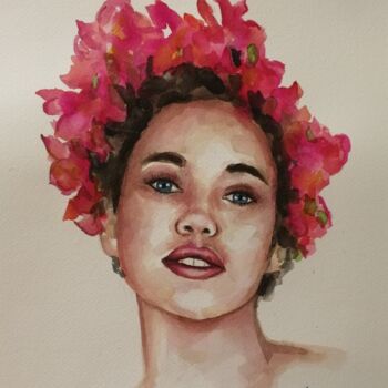 Painting titled "Girl with flowers" by Mateja Marinko, Original Artwork, Watercolor
