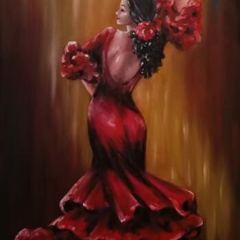 Painting titled "Flamenco dancer" by Mateja Marinko, Original Artwork, Oil Mounted on Wood Stretcher frame