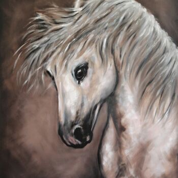 Schilderij getiteld "White horse - origi…" door Mateja Marinko, Origineel Kunstwerk, Olie