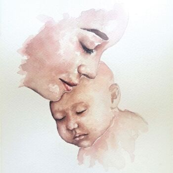 Painting titled "Mother love" by Mateja Marinko, Original Artwork, Watercolor