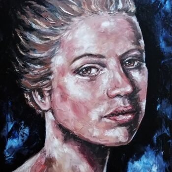 Painting titled "Woman in the dark" by Mateja Marinko, Original Artwork, Oil Mounted on Wood Stretcher frame