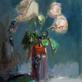 Painting titled "White flowers in va…" by Mateos Sargsyan, Original Artwork, Oil Mounted on Wood Stretcher frame