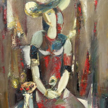 Malarstwo zatytułowany „Woman with hat (70x…” autorstwa Mateos Sargsyan, Oryginalna praca, Olej Zamontowany na Drewniana ram…
