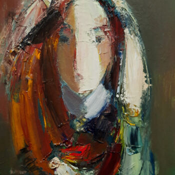 Painting titled "Girl in the headsca…" by Mateos Sargsyan, Original Artwork, Oil Mounted on Wood Stretcher frame