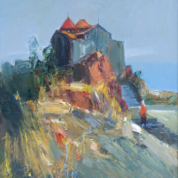 Painting titled "Way to the church" by Mateos Sargsyan, Original Artwork, Oil Mounted on Wood Stretcher frame
