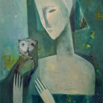 Painting titled "Lunar Companion" by Mateos Sargsyan, Original Artwork, Oil Mounted on Wood Stretcher frame