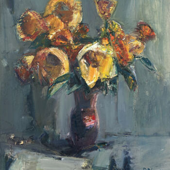 Painting titled "Yellow flowers" by Mateos Sargsyan, Original Artwork, Oil Mounted on Wood Stretcher frame