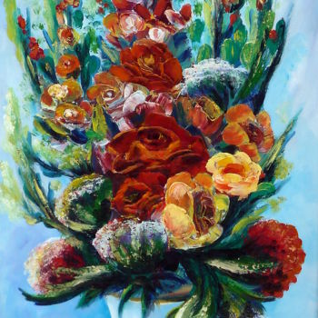 Painting titled "JARRON CON FLORES (…" by Materia Y Arte, Original Artwork, Oil