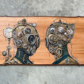 Sculpture intitulée "Couple Steampunk gr…" par Mathieu Loaec (Les curiosités de Mat), Œuvre d'art originale, Gravure