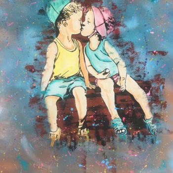 Painting titled "Bisous d’enfant" by Mbkza, Original Artwork, Acrylic