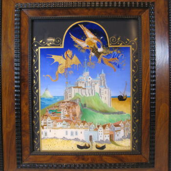 Painting titled "Saint Michel" by Mathilda De Carpentry, Original Artwork, Oil Mounted on Cardboard