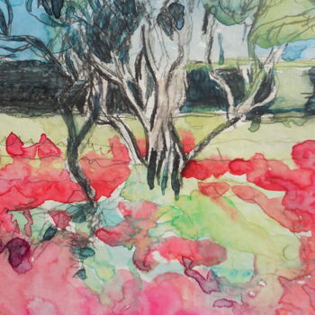 Peinture intitulée "champ de coquelicot…" par Mathilde Groult, Œuvre d'art originale, Aquarelle