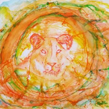 Painting titled "Lioness from the 'A…" by Matilde Cánepa González, Original Artwork, Watercolor Mounted on Other rigid panel