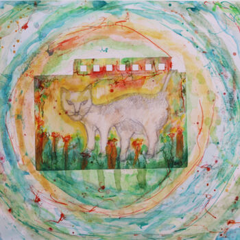 Pintura titulada "Kosmo gata en jardi…" por Matilde Cánepa González, Obra de arte original, Acuarela