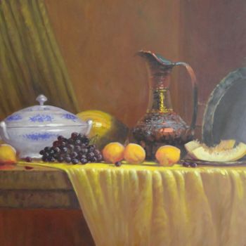 Painting titled "Louças e frutas" by Maria Helena Matos, Original Artwork, Oil