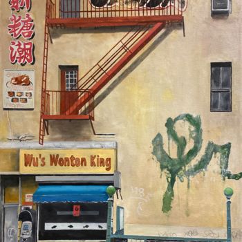 Painting titled "165 East Broadway" by Mats Pehrson, Original Artwork, Oil Mounted on Wood Stretcher frame