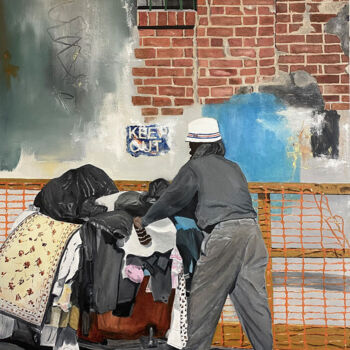 「Street Scene」というタイトルの絵画 Mats Pehrsonによって, オリジナルのアートワーク, オイル ウッドストレッチャーフレームにマウント
