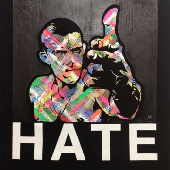 Painting titled "HATE" by Matteo Calconi, Original Artwork, Screenprinting Mounted on Wood Stretcher frame