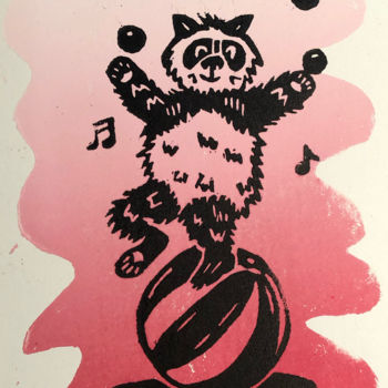 Gravures & estampes intitulée "Panda Joy" par Matthias Köppen, Œuvre d'art originale, Linogravures