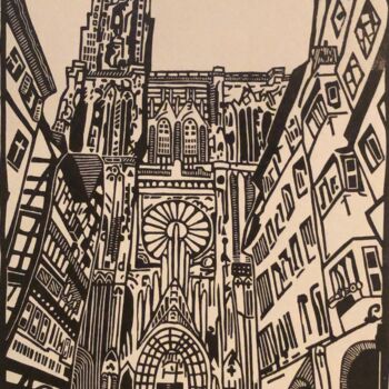 Incisioni, stampe intitolato "Strasbourg Cathedral" da Matthias Köppen, Opera d'arte originale, Incisioni su linoleum