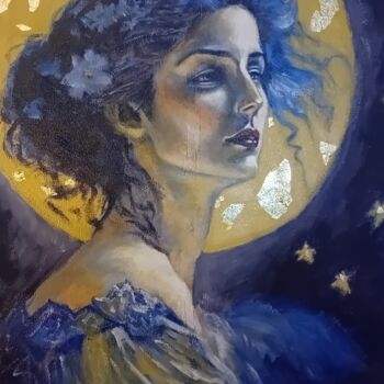 Painting titled "La lune rêve" by Matthieu Aiello, Original Artwork, Acrylic Mounted on Wood Stretcher frame