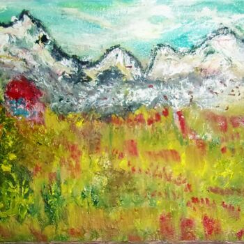 Pittura intitolato "paesaggio-con-fiori…" da Mattia Baldin, Opera d'arte originale, Olio