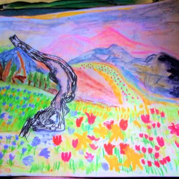 Dessin intitulée "ioga-in-the mountain" par Mattia Baldin, Œuvre d'art originale, Pastel