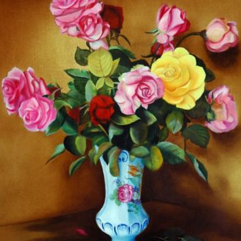 Peinture intitulée "BOUQUET DE ROSES" par Yvette Matysiak, Œuvre d'art originale, Huile