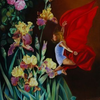 Peinture intitulée "L'ELFE AUX FLEURS" par Yvette Matysiak, Œuvre d'art originale, Huile
