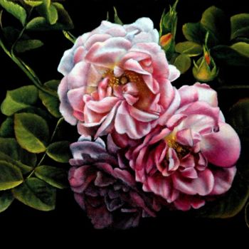 Peinture intitulée "TROIS ROSES ANGLAIS…" par Yvette Matysiak, Œuvre d'art originale, Huile