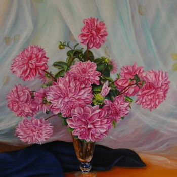 Painting titled "DAHLIAS ROSES" by Yvette Matysiak, Original Artwork, Oil