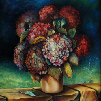 Painting titled "HORTENSIAS  D'AUTOM…" by Yvette Matysiak, Original Artwork, Oil