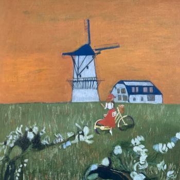 Painting titled "Le moulin à vent -…" by Maurice Bellolo, Original Artwork, Oil Mounted on Wood Stretcher frame