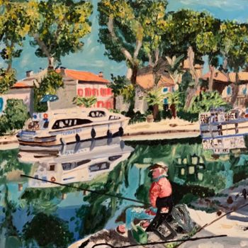 「Le canal du midi」というタイトルの絵画 Maurice Belloloによって, オリジナルのアートワーク, オイル ウッドストレッチャーフレームにマウント