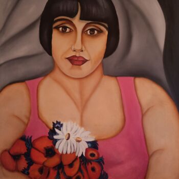 Peinture intitulée "Nana au bouquet" par Mauricette Henot, Œuvre d'art originale, Huile