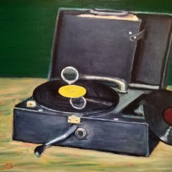 Painting titled "The Vinyl Player" by Mauricio Palma, Original Artwork, Oil