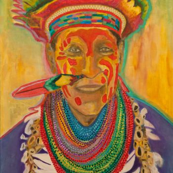 Painting titled "Shaman of Cuyabeno." by Mauricio Galarza Madrid, Original Artwork, Oil