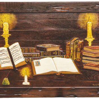 Sculpture intitulée "La Sublime Bibliote…" par Maurizio Minnucci, Œuvre d'art originale, Mosaïque Monté sur Panneau de bois