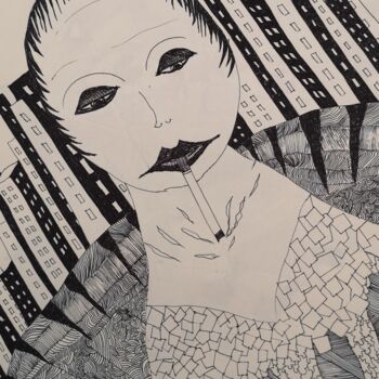 Disegno intitolato "La fumatrice" da Mauro Sposito, Opera d'arte originale, Penna gel