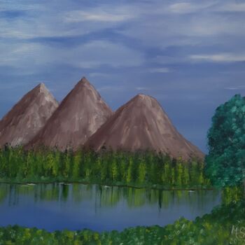 Painting titled "Three Mountains" by Mauro Santos, Original Artwork, Oil Mounted on Wood Stretcher frame