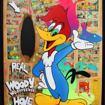 Painting titled "woody wood pecker #1" by Max Andriot, Original Artwork, Acrylic Mounted on Wood Stretcher frame