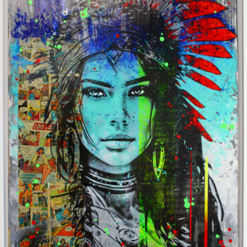 Painting titled "super indian girl #2" by Max Andriot, Original Artwork, Acrylic Mounted on Wood Stretcher frame