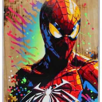 Painting titled "spiderman wood style" by Max Andriot, Original Artwork, Acrylic Mounted on Wood Stretcher frame