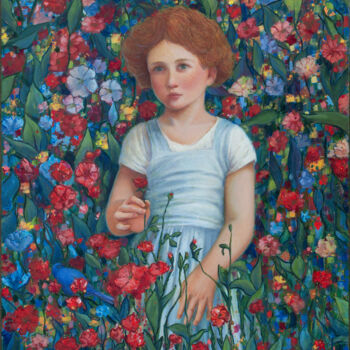Painting titled "Little girl in the…" by Max Olkhovsky, Original Artwork, Oil Mounted on Wood Stretcher frame