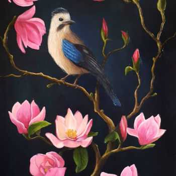 Painting titled "A bird on a magnoli…" by Max Olkhovsky, Original Artwork, Oil Mounted on Cardboard