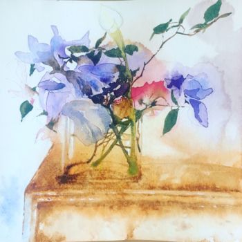 Картина под названием "vase, fleurs et che…" - Maxence Bignier, Подлинное произведение искусства, Акварель