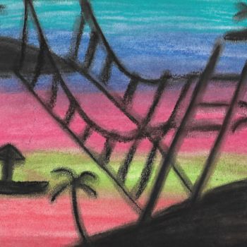 Drawing titled "Pont suspendu" by Maxent Krier, Original Artwork, Pastel