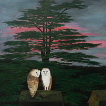 Картина под названием "Barn Owls on a Chur…" - Robert Harris, Подлинное произведение искусства, Масло