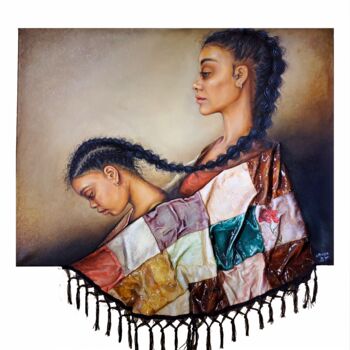 Schilderij getiteld "Hair Ties" door Maya Bt, Origineel Kunstwerk, Olie Gemonteerd op Frame voor houten brancard