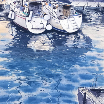 Картина под названием "Seaport in Oslo" - Maya Galleas, Подлинное произведение искусства, Акварель